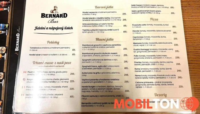 Bernard Bar Litvinov Menu - Jiráskova 415