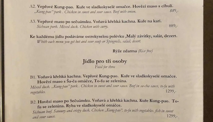 Cinska Restaurace U Zlateho Draka Menu - Masarykovo Nám. 1191