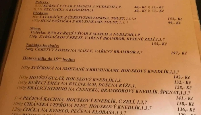 Hostinec Za Vodou -  Menu - Černé Budy