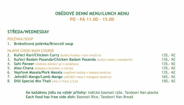 Indicka Restaurace Dilli Menu - Tř. Budovatelů 1986