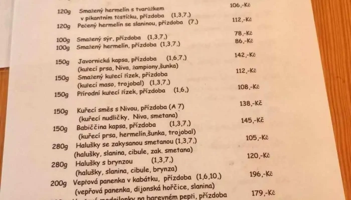 Koliba Na Pasekach Menu - Rožnov Pod Radhoštěm