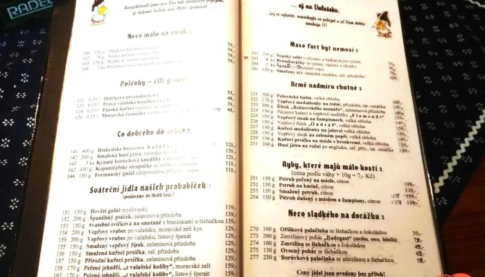 Motorest U Pelikana Menu - Zašová