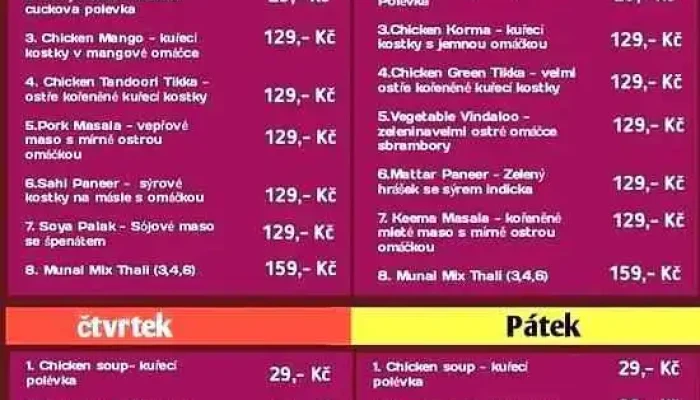 Munal Nepalska A Indicka Restaurace Kadan Menu - B. Němcové 1689