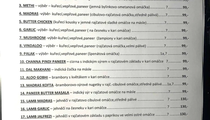 Namaskar Indicka Restaurace Menu - Mariánské Údolí 131