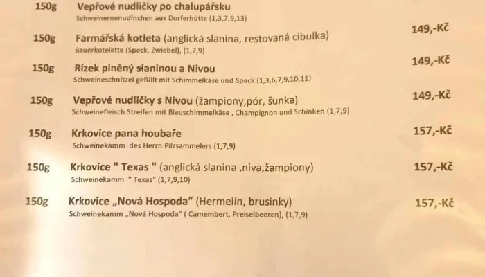 Nova Hospoda   Restaurace A Penzion Menu - Sedlec-dívčice