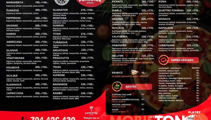 Paradise Pizza -  Menu - Miřetice U Klášterce Nad Ohří
