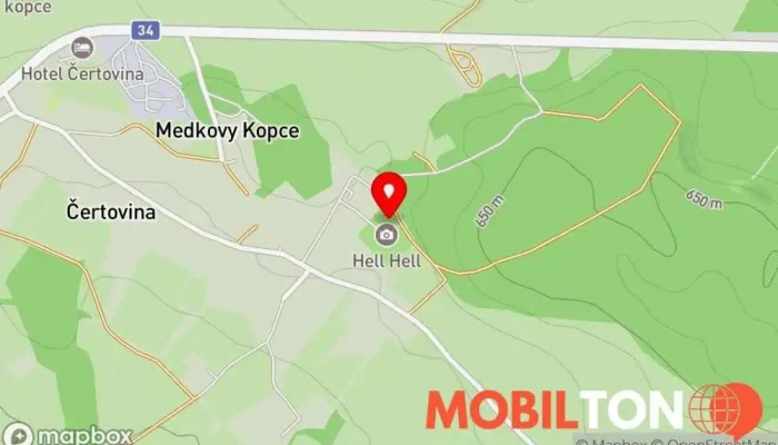 mapa Peklo Čertovina Zábavní park, Dětské zábavní centrum, Hotel, Restaurace, Wellness centrum v Medkovy Kopce