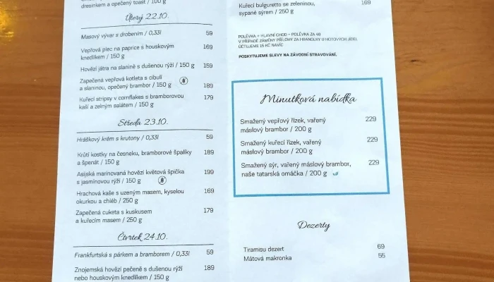 Penzion A Restaurace U Reky Menu - Husovo Nám. 139