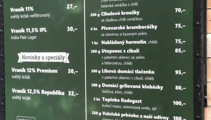 Pivovar Vranik Menu - Trnava 23