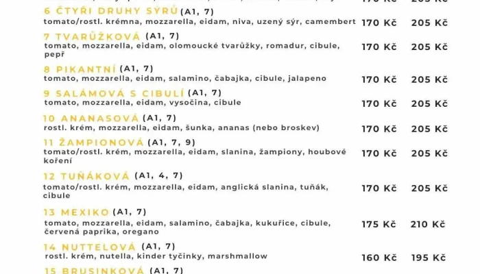 Pizza Kastanek Bystrice Nad Pernstejnem Menu - Pod Kaštany 227