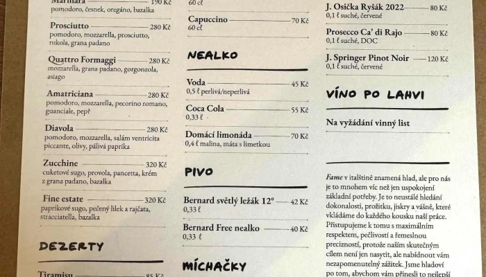 Pizzerie Fame -  Menu - Střítež