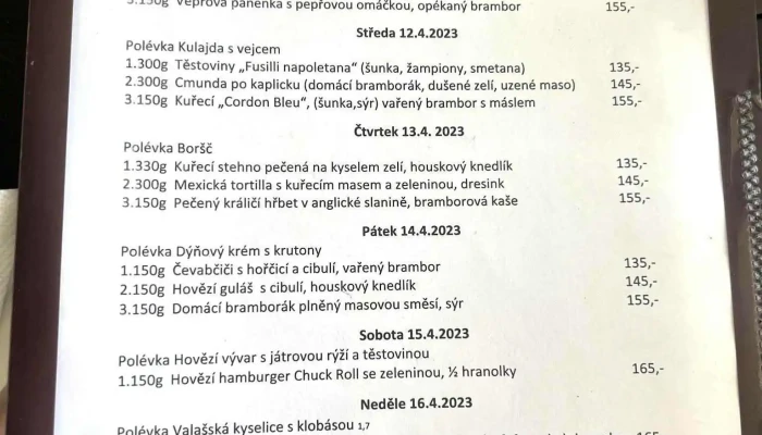 Restaurace A Penzion Sypka Menu - Jablůnka