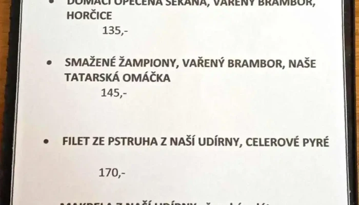Restaurace Na Kovarne Menu - 29, U Kovárny