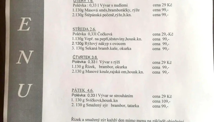 Restaurace Na Krizovatce Menu - Dolní Roveň