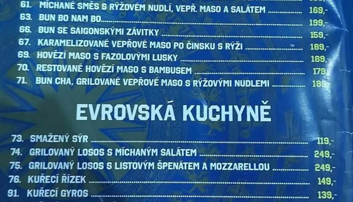 Restaurace Sea Of Blue -  Menu - Nové Město
