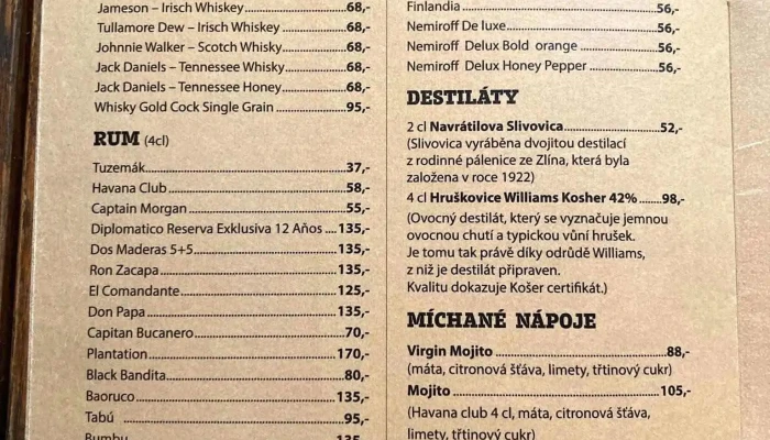 Restaurace U Hejtmana Sarovce Menu - Dvořákova 595