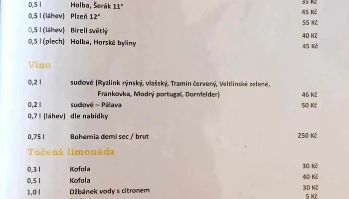 Restaurace U Penazu Menu - Fryšava Pod Žákovou Horou