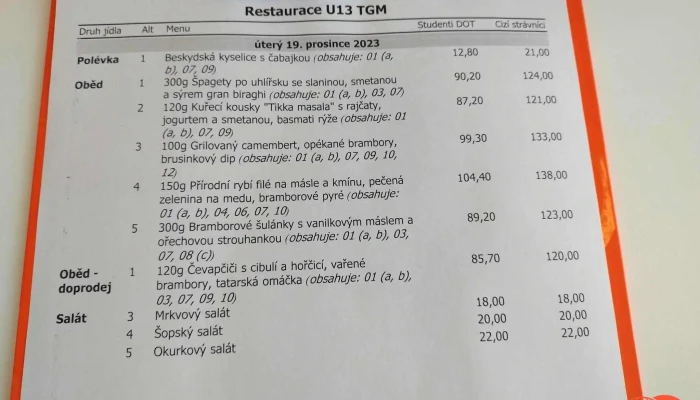 Restaurace U13 -  Menu - Nám. T. G. Masaryka 5555