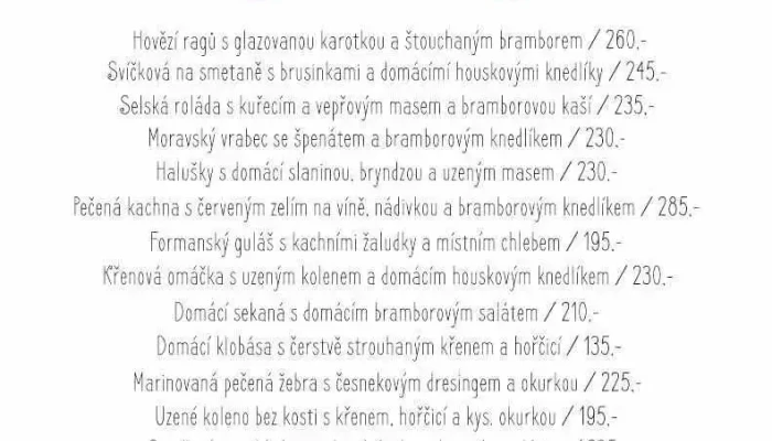 Restaurant Formanka -  Menu - Kochánov