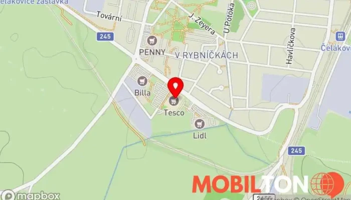 mapa Tesco Hypermarket Čelákovice Hypermarket v Toušeňská 2042